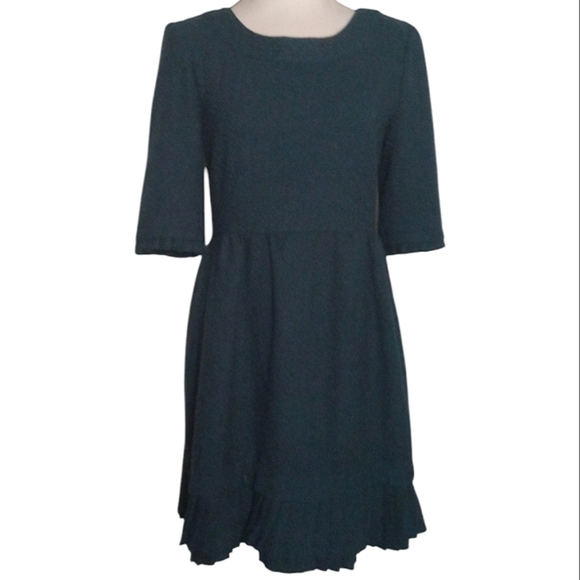 Anthropologie Tulle Chevron Texture Wool Blend Teal Green Midi Dress Size Small - Picture 1 of 10